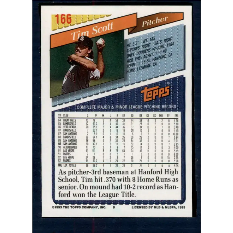 1993 Topps #166 Tim Scott NM-MT San Diego Padres Baseball Card - Baseball Card Single