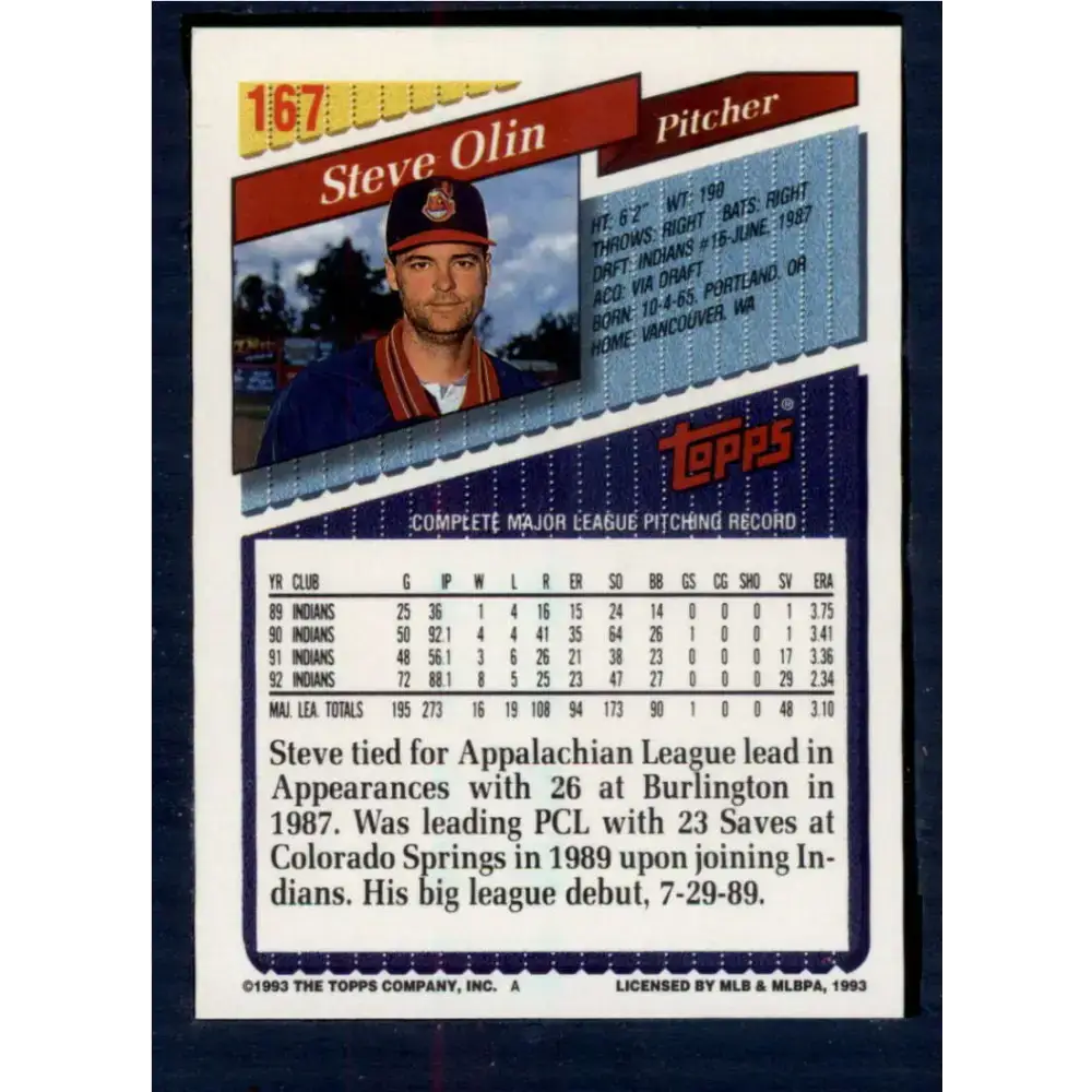 1993 Topps #167 Steve Olin NM-MT Cleveland Indians Baseball Card - Baseball Card Single