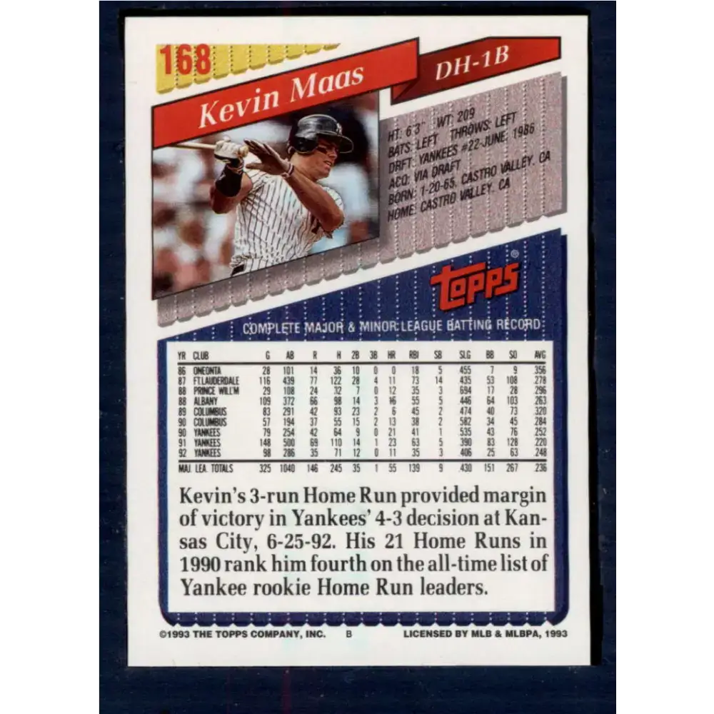 1993 Topps #168 Kevin Maas NM-MT New York Yankees Baseball Card - Baseball Card Single