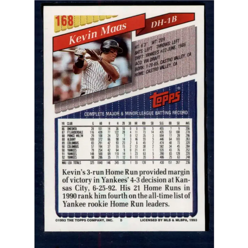 1993 Topps #168 Kevin Maas NM-MT New York Yankees Baseball Card - Baseball Card Single