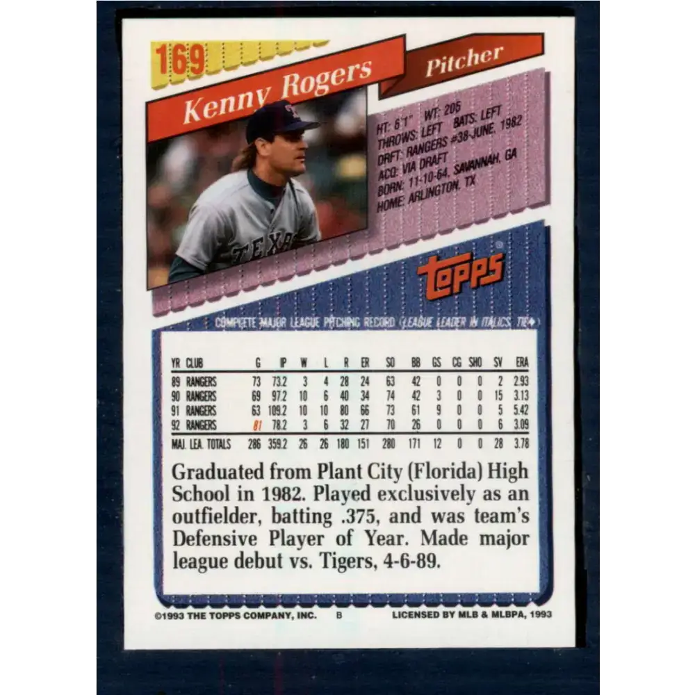 1993 Topps #169 Kenny Rogers NM-MT Texas Rangers Baseball Card - Baseball Card Single