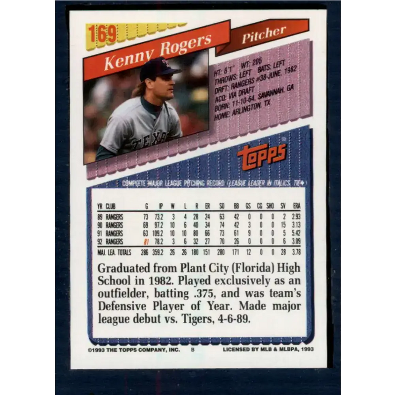1993 Topps #169 Kenny Rogers NM-MT Texas Rangers Baseball Card - Baseball Card Single