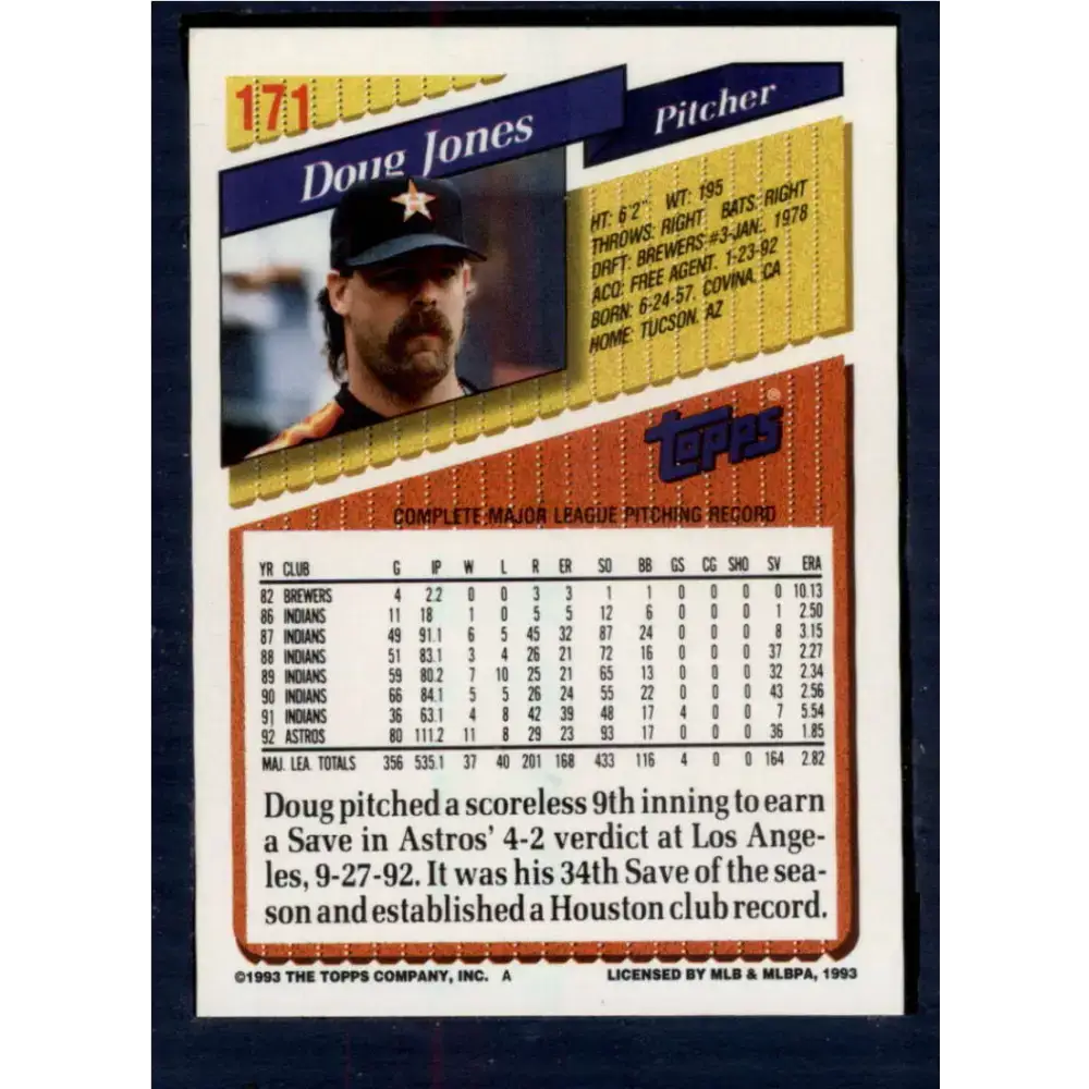 1993 Topps #171 Doug Jones NM-MT Houston Astros Baseball Card - Baseball Card Single