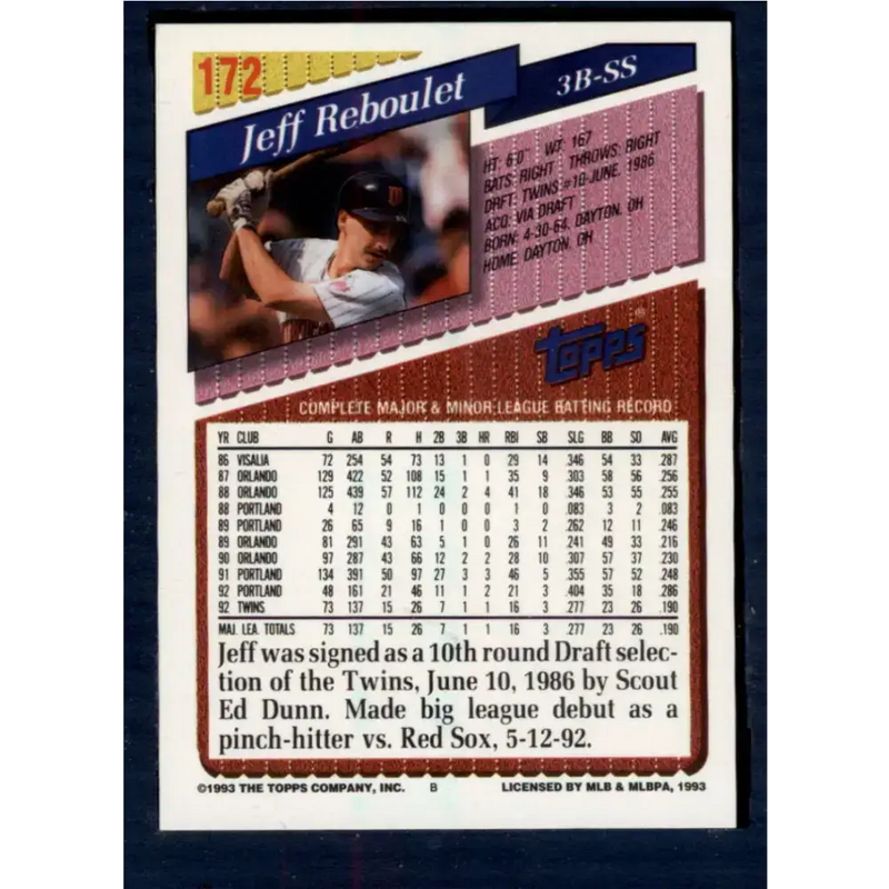 1993 Topps #172 Jeff Reboulet NM-MT Minnesota Twins Baseball Card - Baseball Card Single