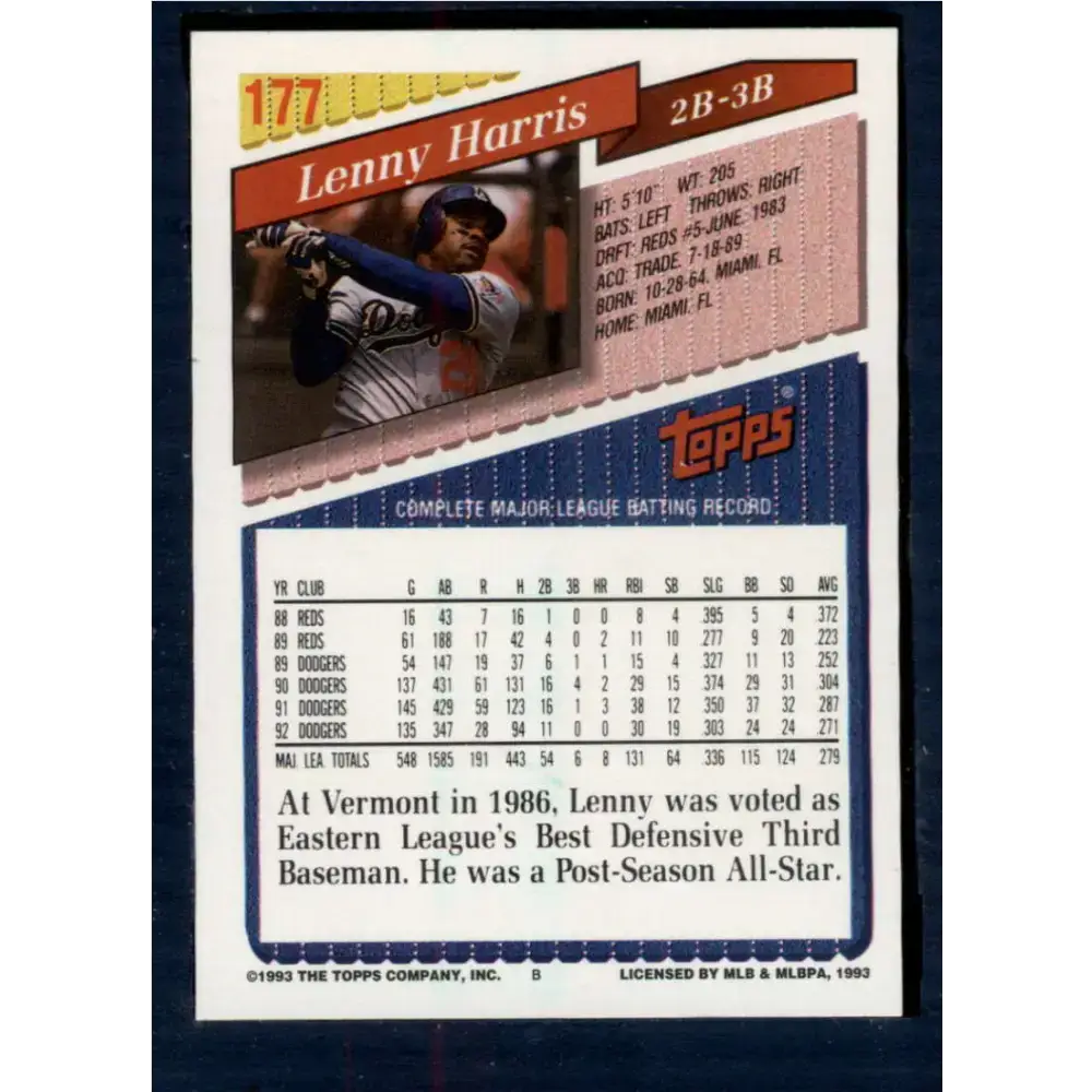 1993 Topps #177 Lenny Harris NM-MT Los Angeles Dodgers Baseball Card - Baseball Card Single