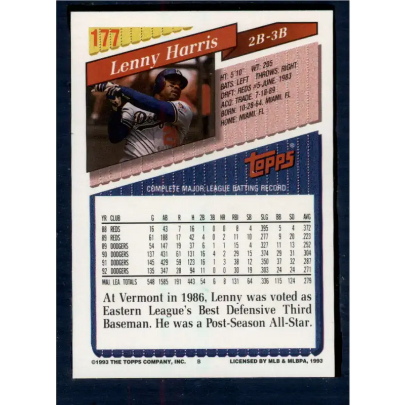 1993 Topps #177 Lenny Harris NM-MT Los Angeles Dodgers Baseball Card - Baseball Card Single
