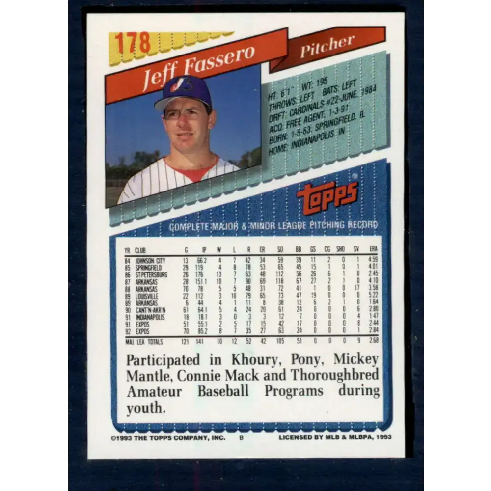1993 Topps #178 Jeff Fassero NM-MT Montreal Expos Baseball Card - Baseball Card Single
