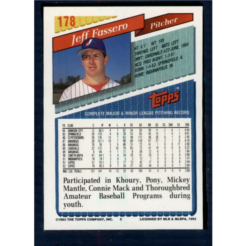 1993 Topps #178 Jeff Fassero NM-MT Montreal Expos Baseball Card - Baseball Card Single