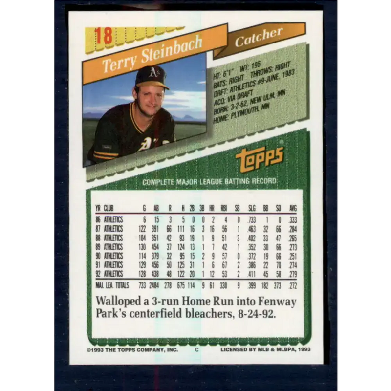1993 Topps #18 Terry Steinbach NM-MT Oakland Athletics Baseball Card - Baseball Card Single