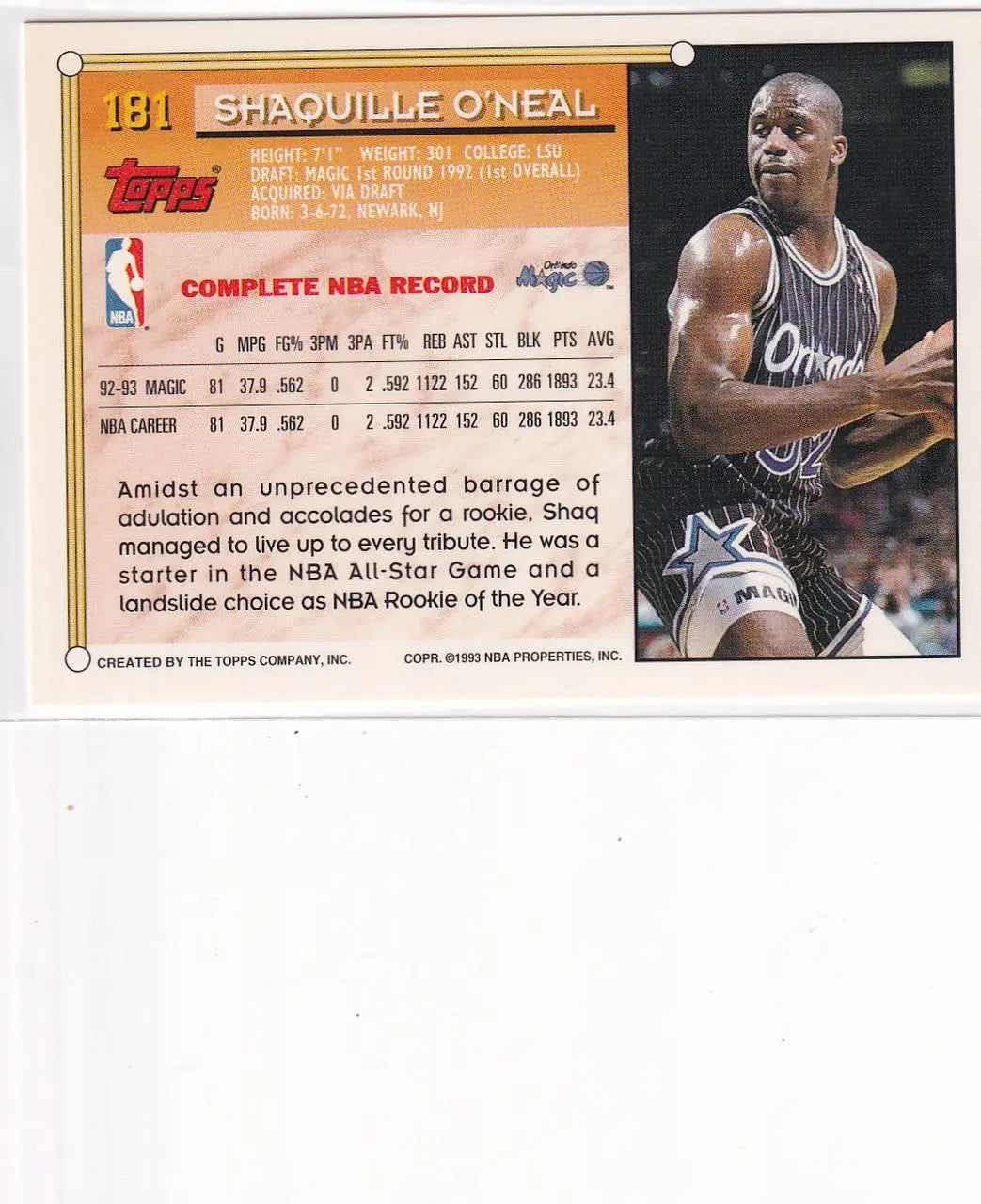 1993 TOPPS #181 SHAQUILLE ONEAL- ORLANDO MAGIC - Basketball Card Single