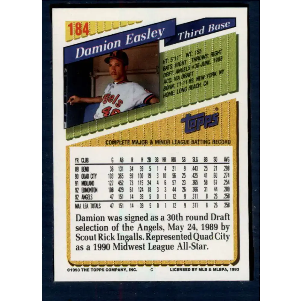 1993 Topps #184 Damion Easley NM-MT California Angels Baseball Card - Baseball Card Single