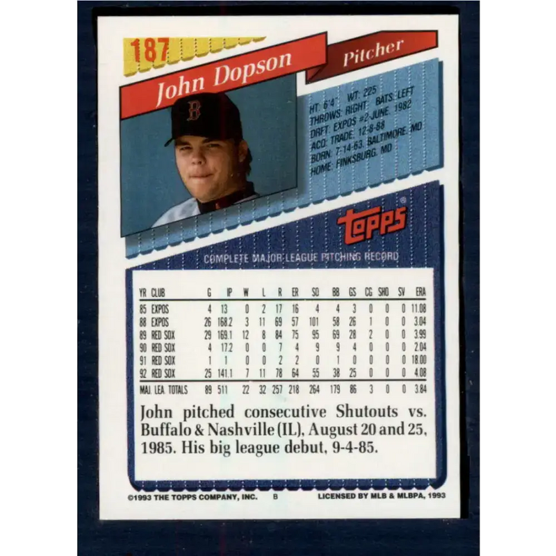 1993 Topps #187 John Dopson NM-MT Boston Red Sox Baseball Card - Baseball Card Single