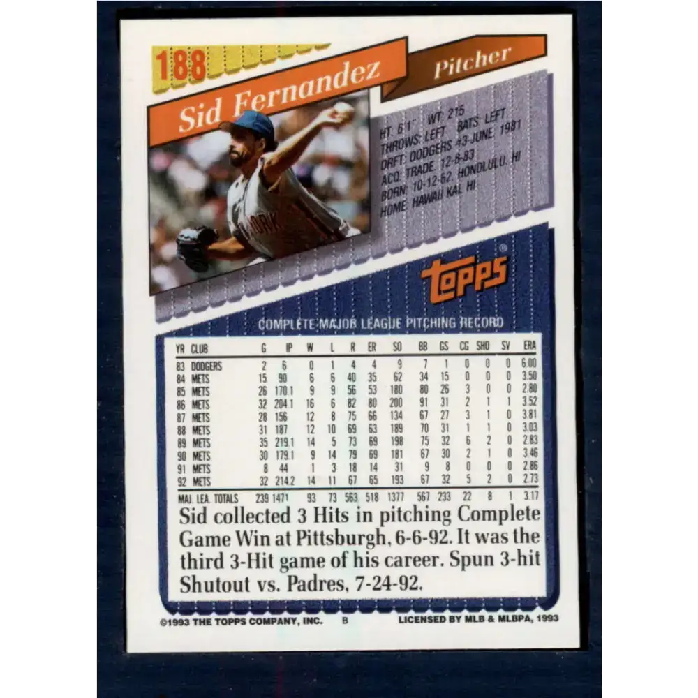 1993 Topps #188 Sid Fernandez NM-MT New York Mets Baseball Card - Baseball Card Single