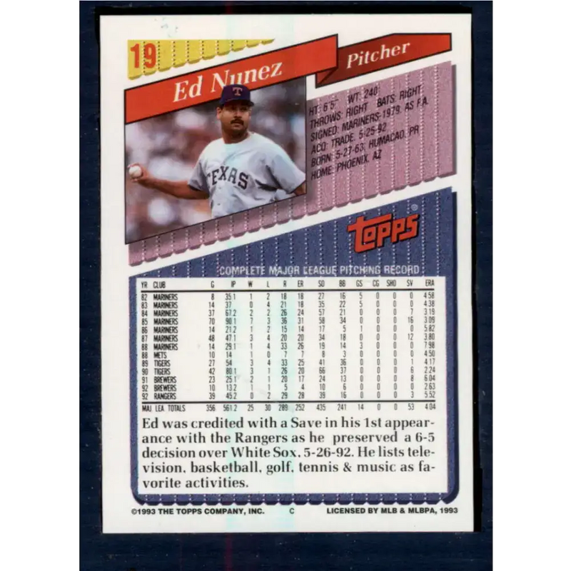 1993 Topps #19 Edwin Nunez NM-MT Texas Rangers Baseball Card - Baseball Card Single