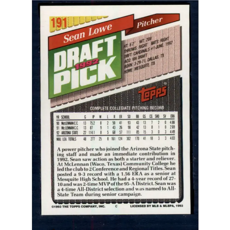 1993 Topps #191 Sean Lowe NM-MT RC Rookie St. Louis Cardinals Baseball Card - Baseball Card Single