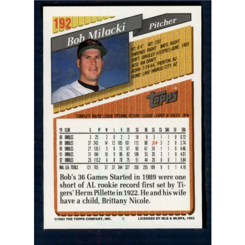 1993 Topps #192 Bob Milacki NM-MT Baltimore Orioles Baseball Card - Baseball Card Single