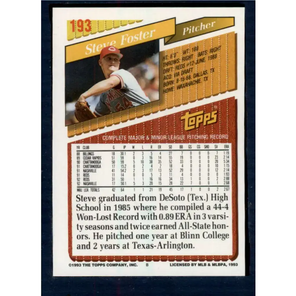 1993 Topps #193 Steve Foster NM-MT Cincinnati Reds Baseball Card - Baseball Card Single
