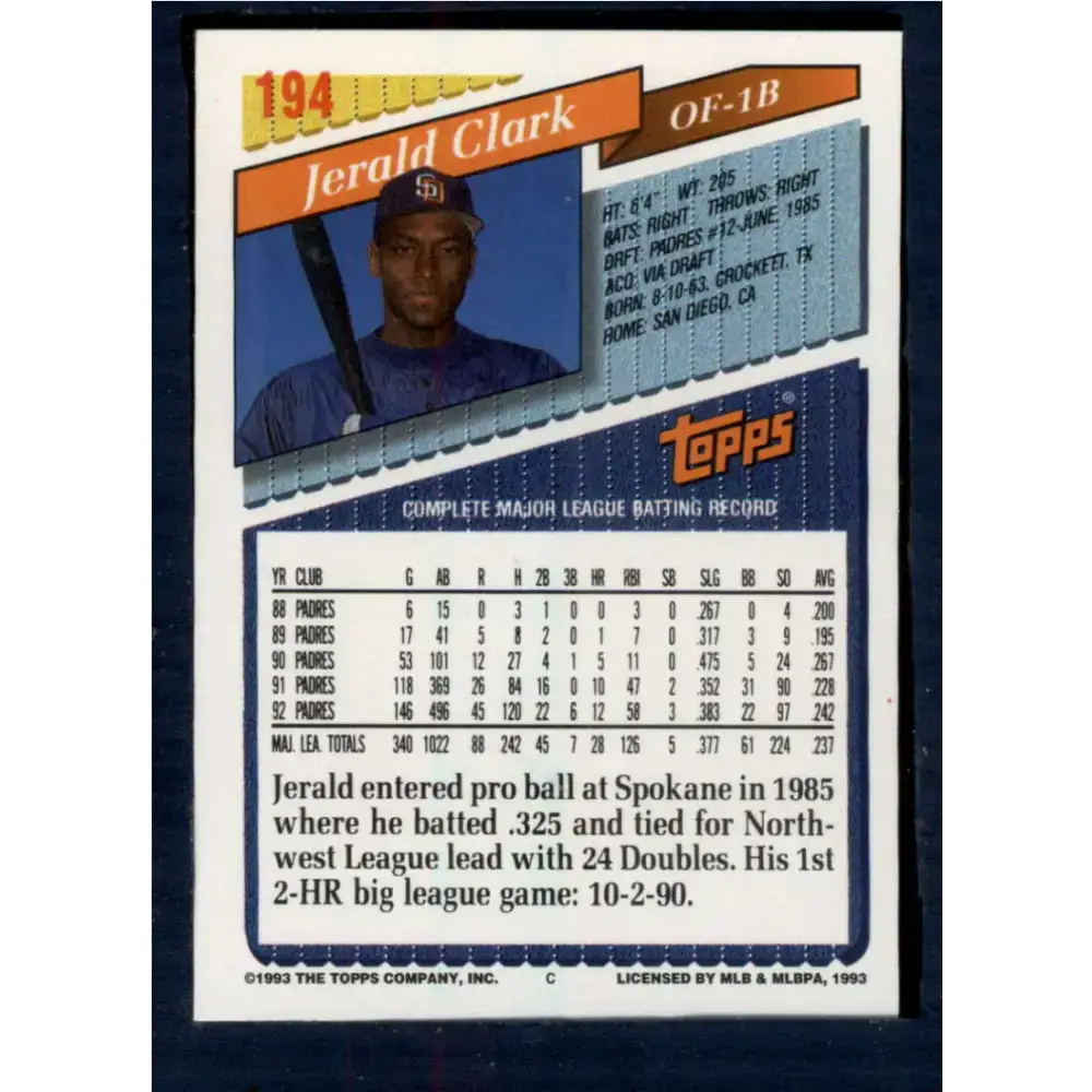 1993 Topps #194 Jerald Clark NM-MT San Diego Padres Baseball Card