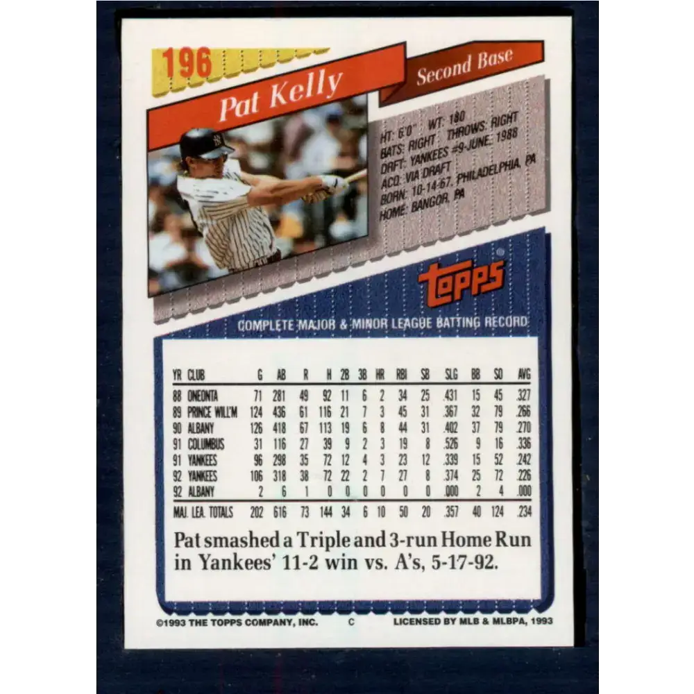 1993 Topps #196 Pat Kelly NM-MT New York Yankees Baseball Card