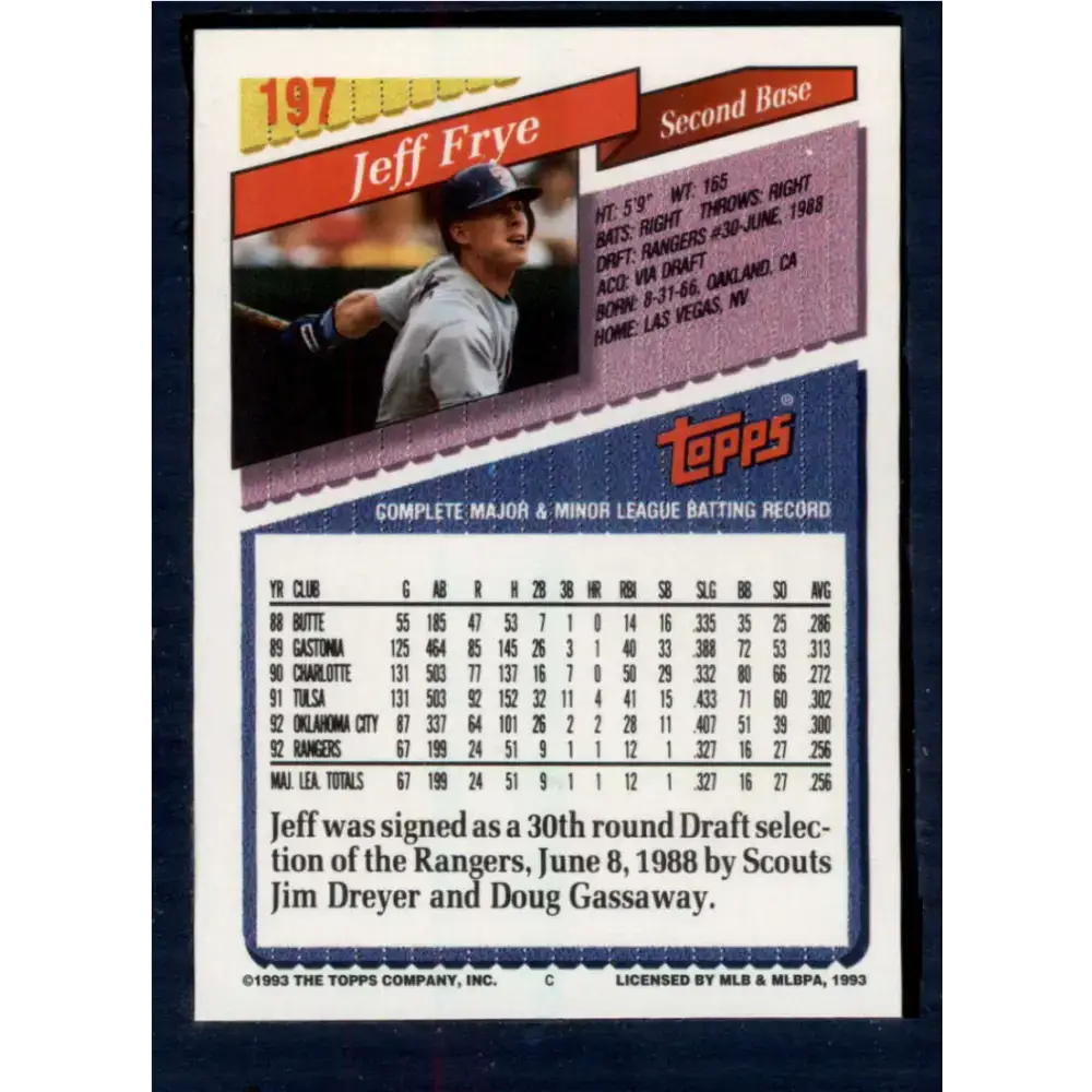 1993 Topps #197 Jeff Frye NM-MT Texas Rangers Baseball Card - Baseball Card Single
