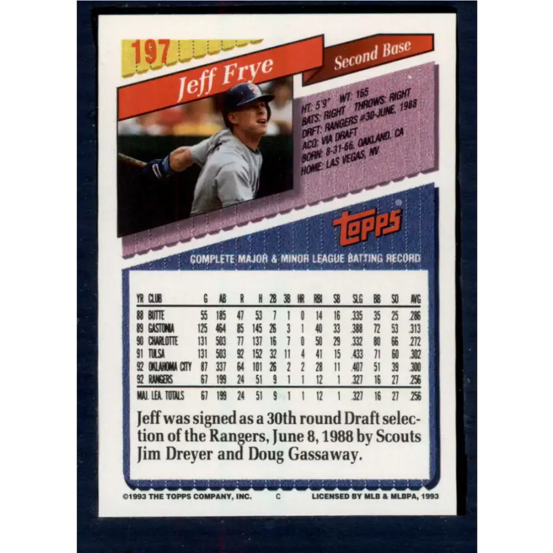 1993 Topps #197 Jeff Frye NM-MT Texas Rangers Baseball Card - Baseball Card Single