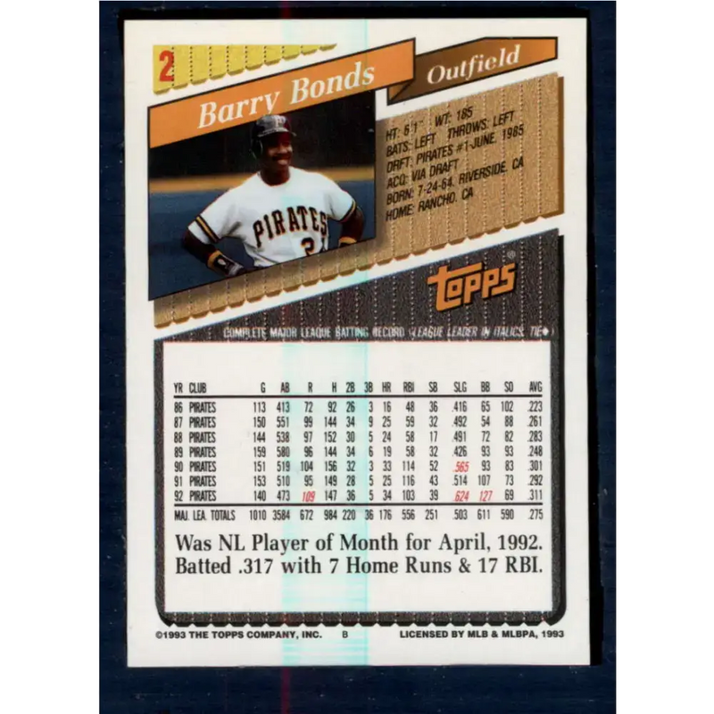 1993 Topps #2 Barry Bonds NM-MT Pittsburgh Pirates Baseball Card - Baseball Card Single