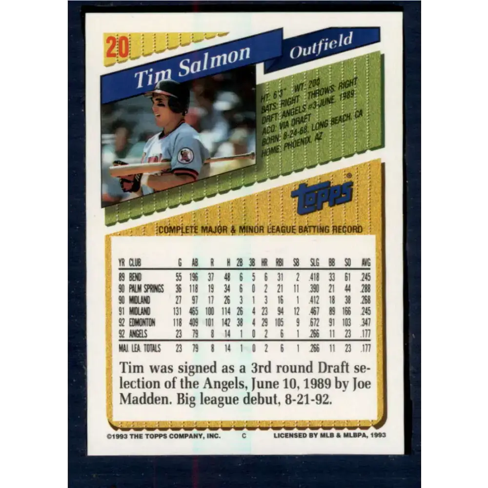 1993 Topps #20 Tim Salmon NM-MT California Angels Baseball Card - Baseball Card Single
