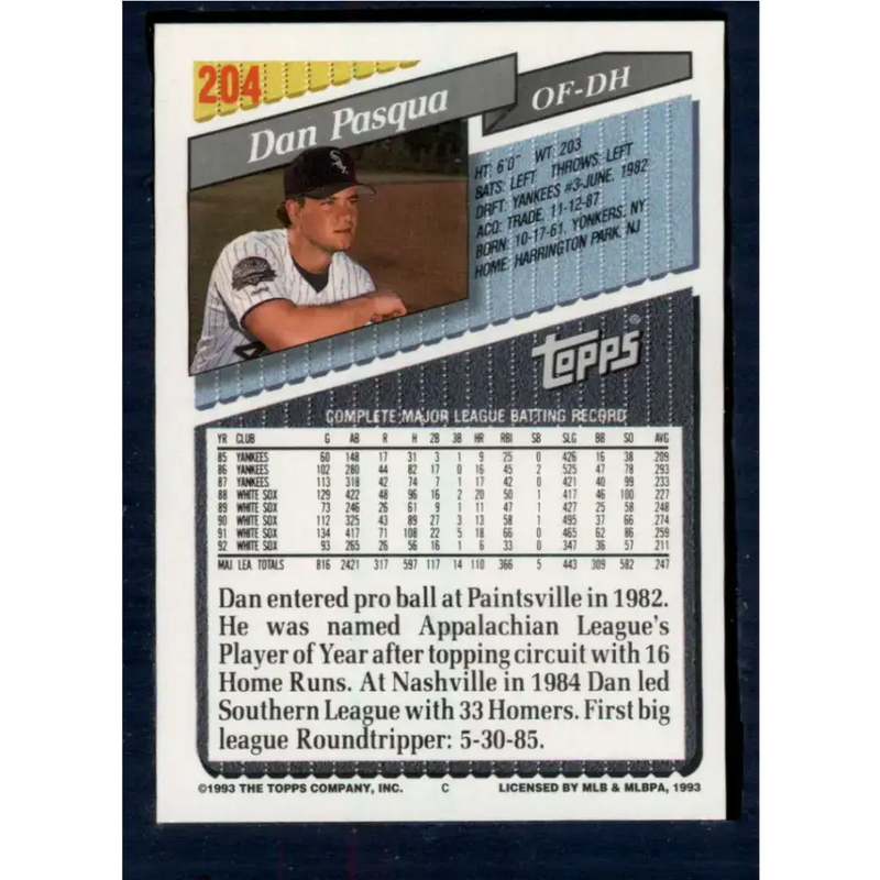1993 Topps #204 Dan Pasqua NM-MT Chicago White Sox Baseball Card - Baseball Card Single