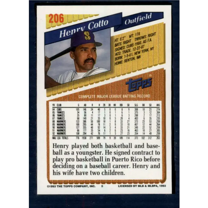 1993 Topps #206 Henry Cotto NM-MT Seattle Mariners Baseball Card - Baseball Card Single