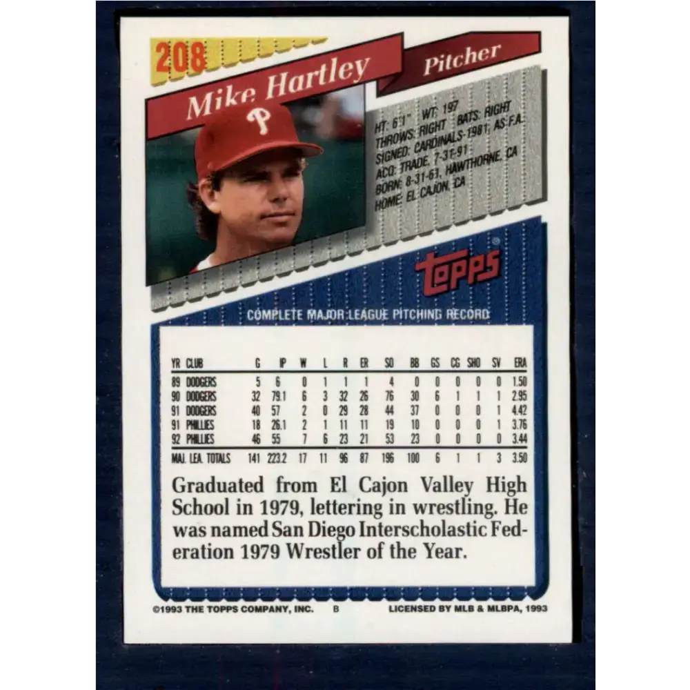 1993 Topps #208 Mike Hartley NM-MT Philadelphia Phillies Baseball Card - Baseball Card Single
