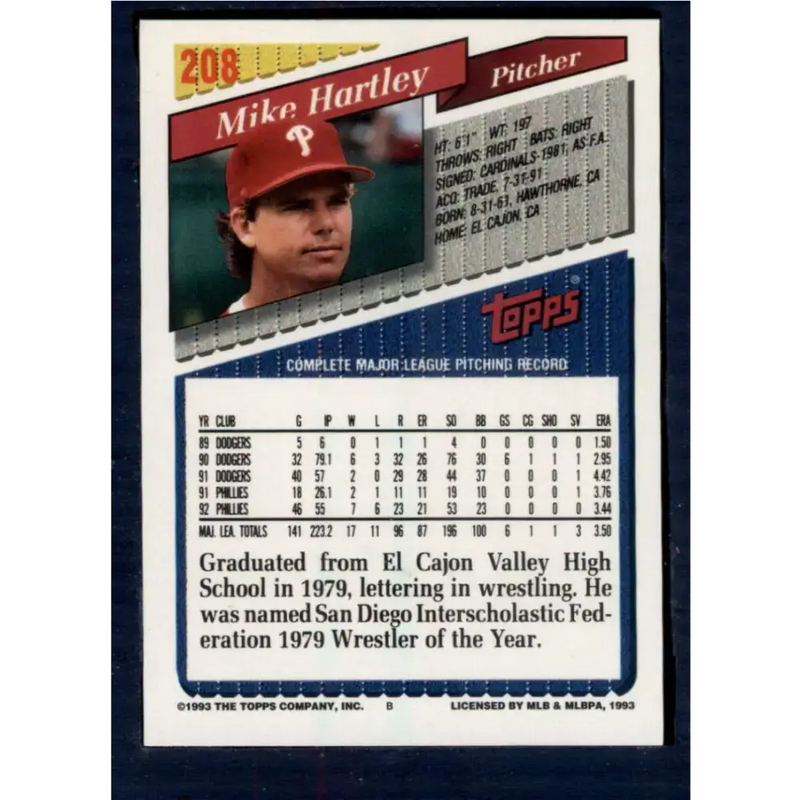 1993 Topps #208 Mike Hartley NM-MT Philadelphia Phillies Baseball Card - Baseball Card Single