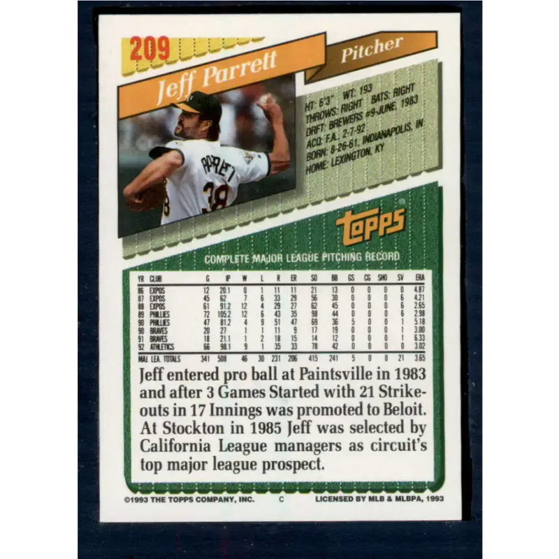 1993 Topps #209 Jeff Parrett NM-MT Oakland Athletics Baseball Card