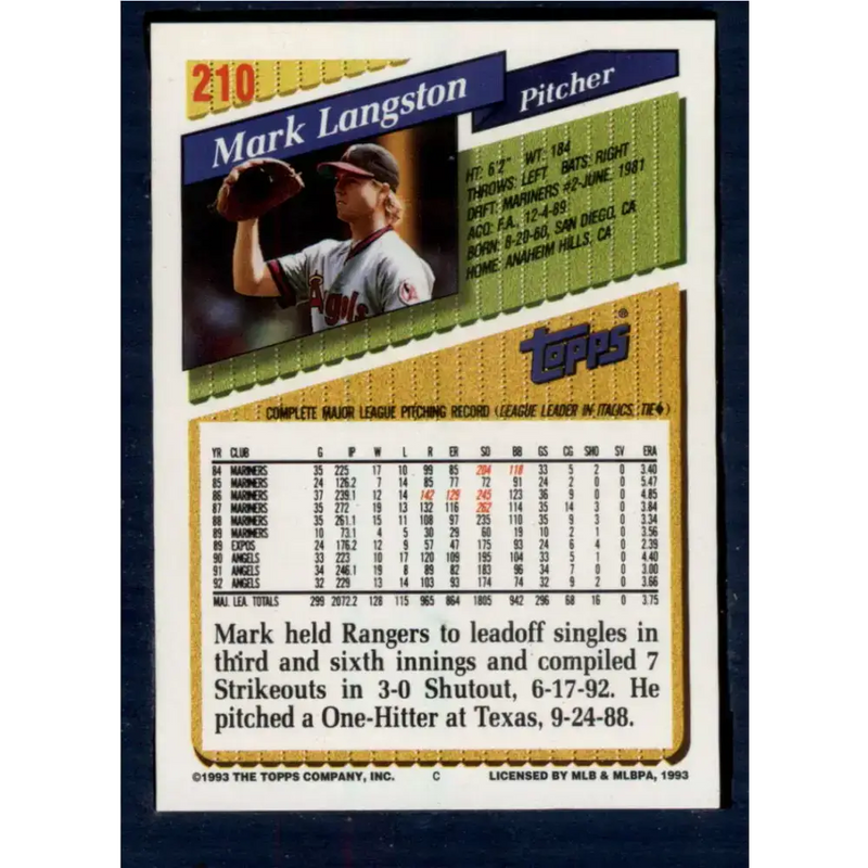 1993 Topps #210 Mark Langston NM-MT California Angels Baseball Card - Baseball Card Single