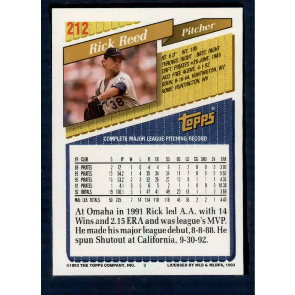 1993 Topps #212 Rick Reed NM-MT Kansas City Royals Baseball Card - Baseball Card Single