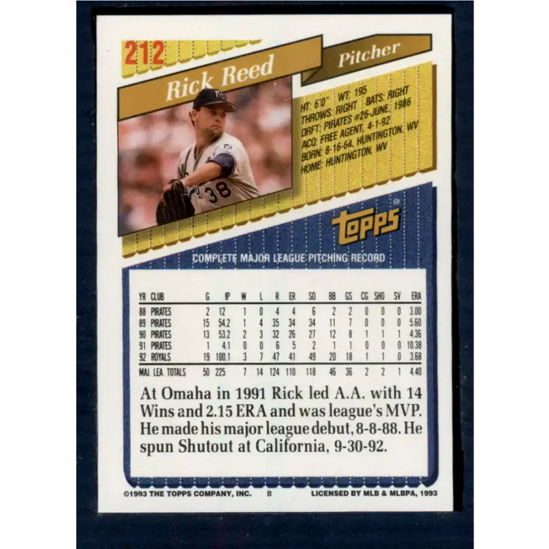 1993 Topps #212 Rick Reed NM-MT Kansas City Royals Baseball Card - Baseball Card Single