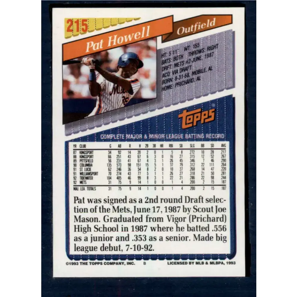 1993 Topps #215 Pat Howell NM-MT New York Mets Baseball Card