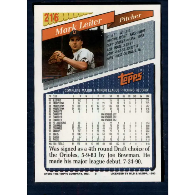 1993 Topps #216 Mark Leiter NM-MT Detroit Tigers Baseball Card - Baseball Card Single