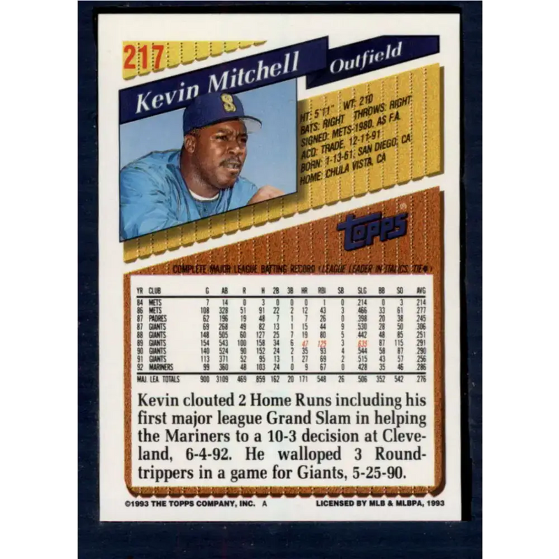 1993 Topps #217 Kevin Mitchell NM-MT Seattle Mariners Baseball Card - Baseball Card Single
