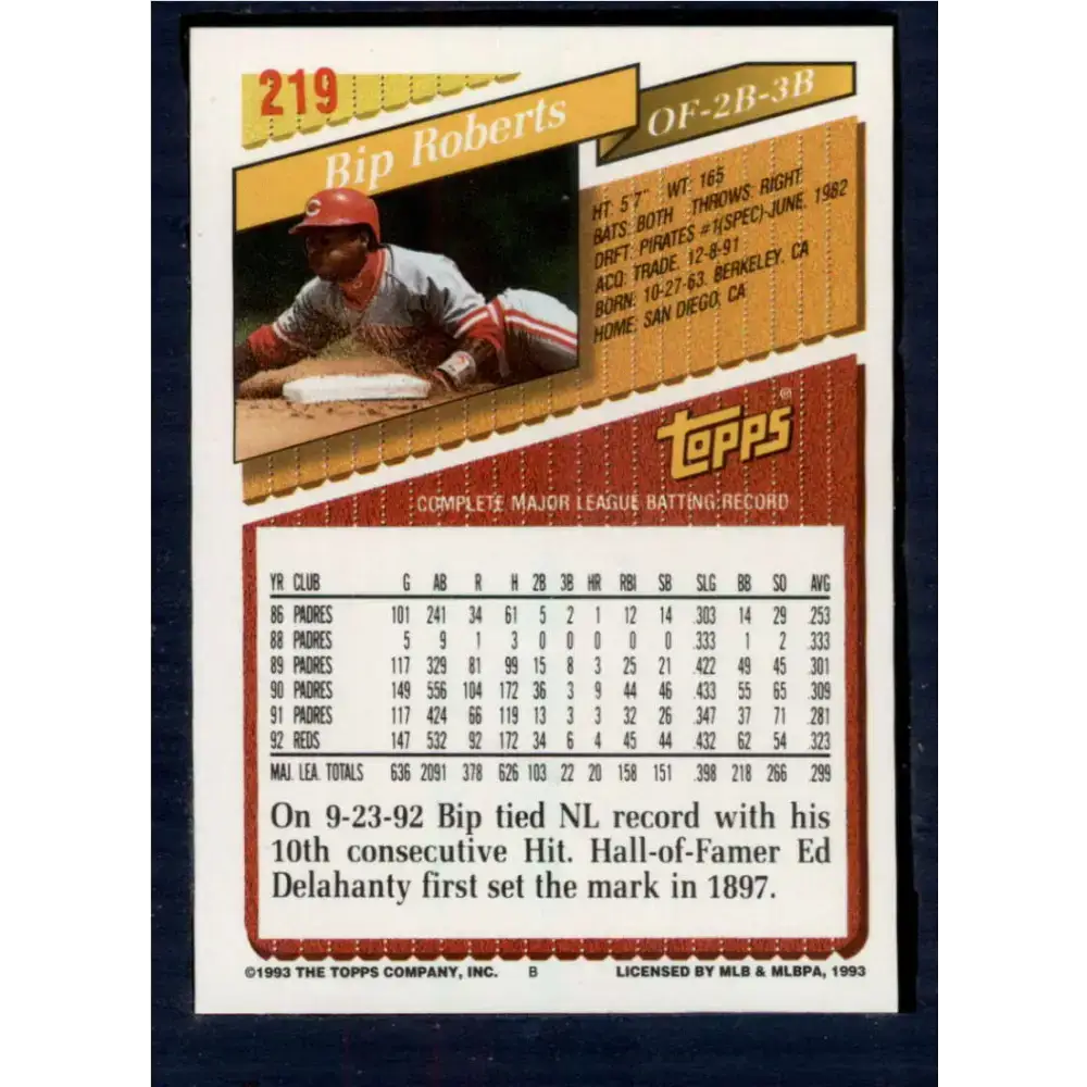 1993 Topps #219 Bip Roberts NM-MT Cincinnati Reds Baseball Card - Baseball Card Single