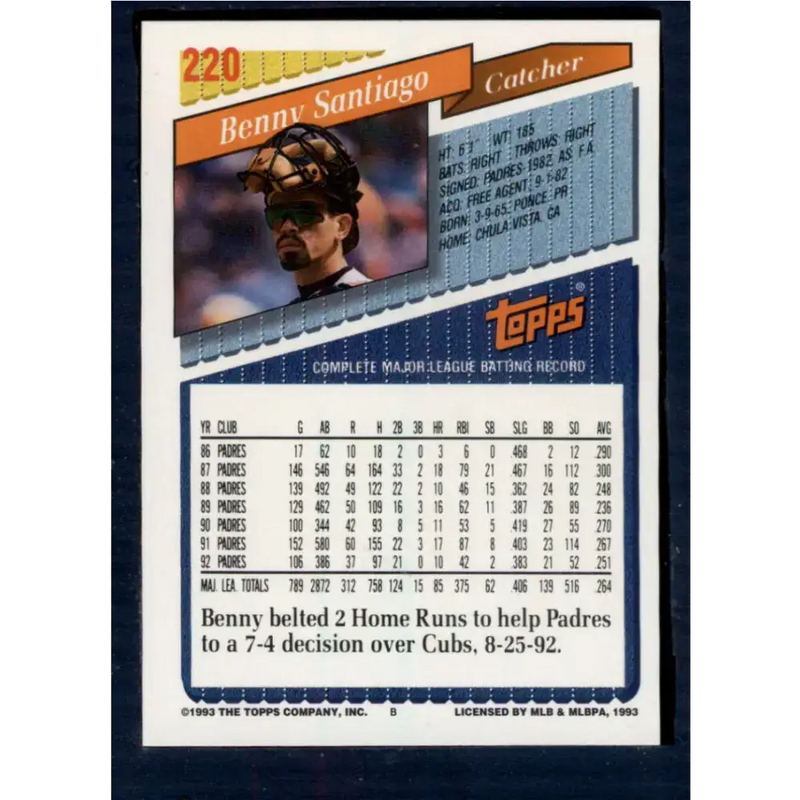 1993 Topps #220 Benito Santiago NM-MT San Diego Padres Baseball Card - Baseball Card Single