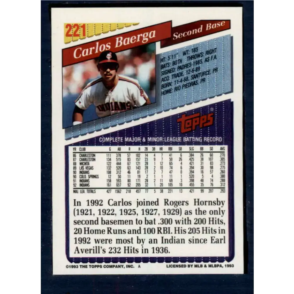 1993 Topps #221 Carlos Baerga NM-MT Cleveland Indians Baseball Card - Baseball Card Single