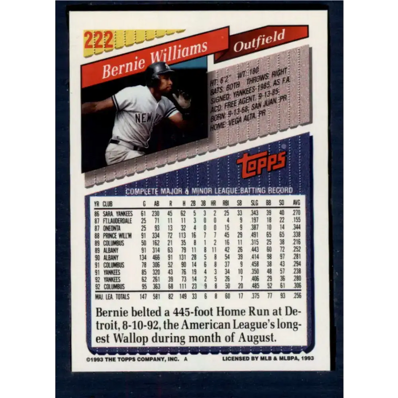 1993 Topps #222 Bernie Williams NM-MT New York Yankees Baseball Card - Baseball Card Single