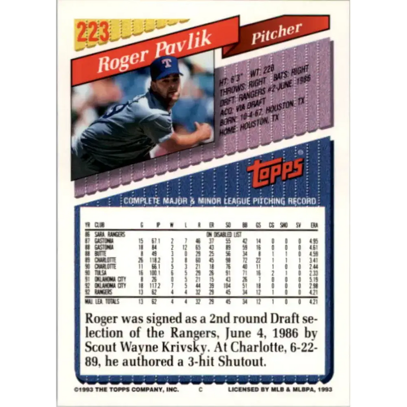 1993 Topps #223 Roger Pavlik NM-MT Texas Rangers Baseball Card - Baseball Card Single