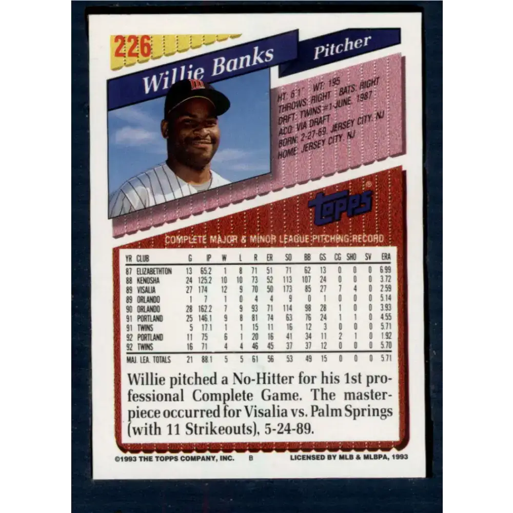 1993 Topps #226 Willie Banks NM-MT Minnesota Twins Baseball Card - Baseball Card Single