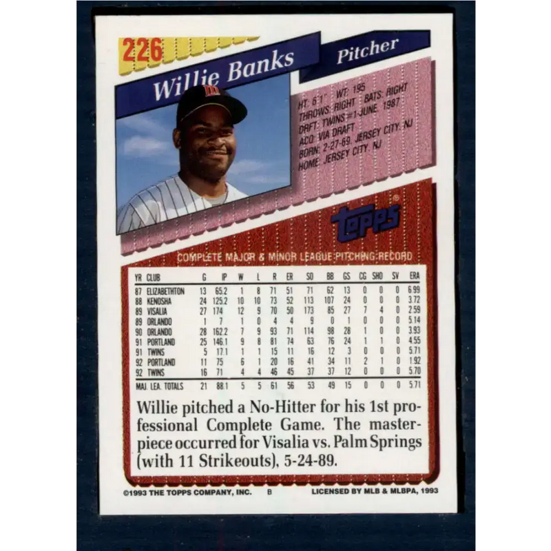1993 Topps #226 Willie Banks NM-MT Minnesota Twins Baseball Card - Baseball Card Single