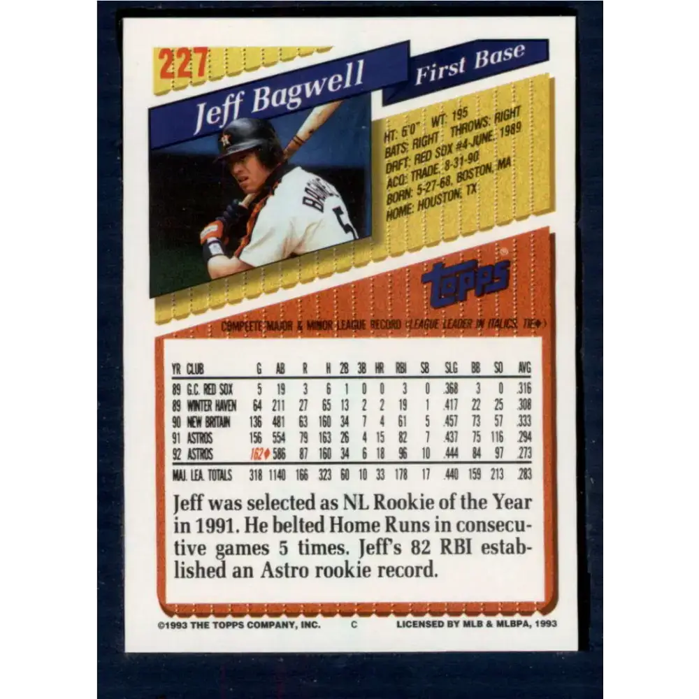 1993 Topps #227 Jeff Bagwell NM-MT Houston Astros Baseball Card