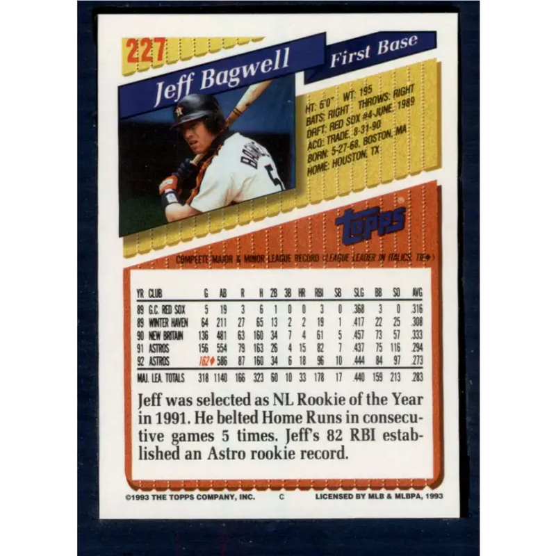 1993 Topps #227 Jeff Bagwell NM-MT Houston Astros Baseball Card