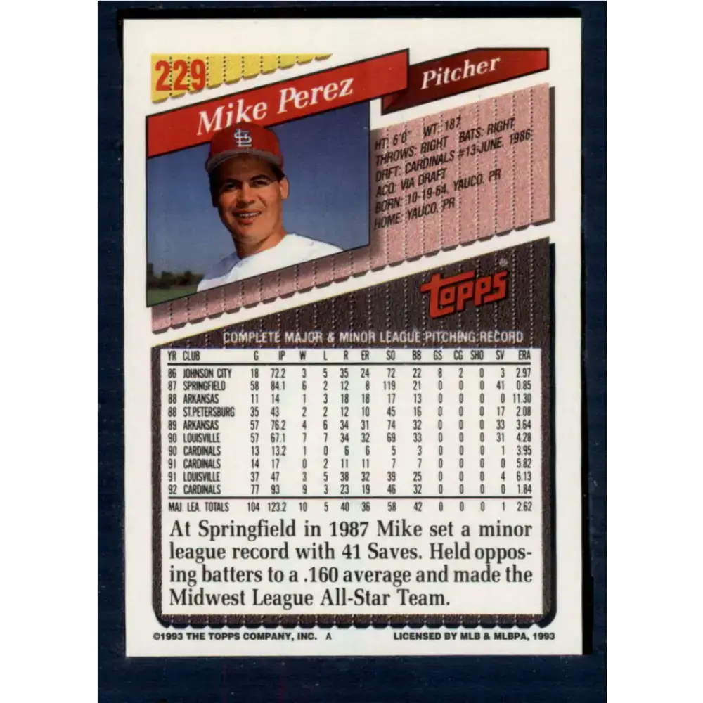1993 Topps #229 Mike Perez NM-MT St. Louis Cardinals Baseball Card - Baseball Card Single
