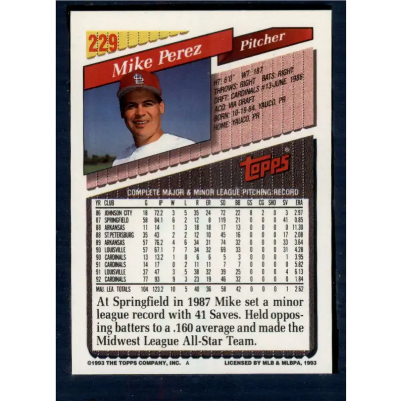 1993 Topps #229 Mike Perez NM-MT St. Louis Cardinals Baseball Card - Baseball Card Single