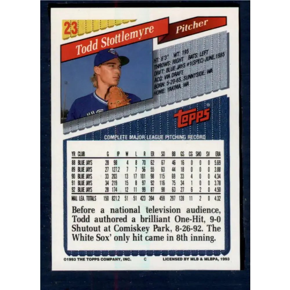 1993 Topps #23 Todd Stottlemyre NM-MT Toronto Blue Jays Baseball Card - Baseball Card Single